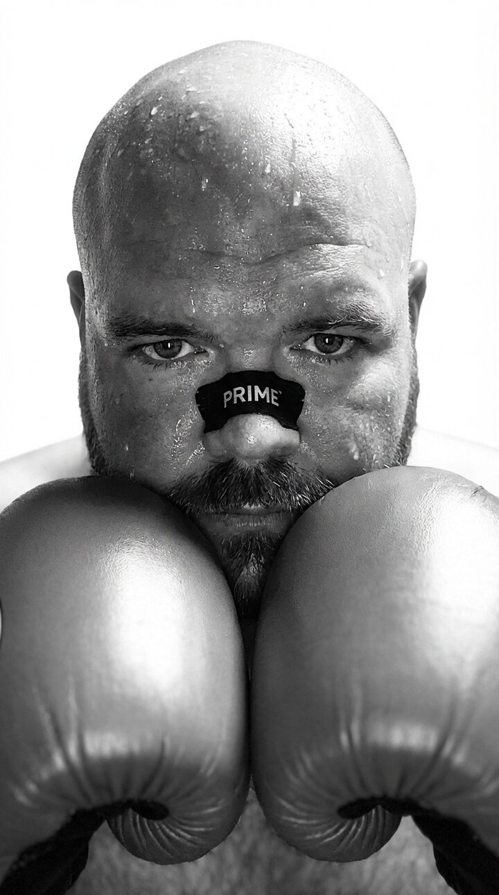 Sly Panorama black and white close-up with boxing gloves up, sweat across his face, and a PRIME mouthguard.